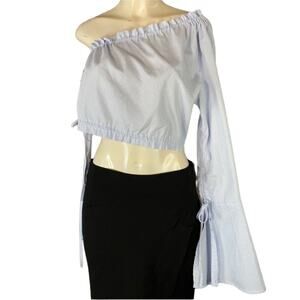 Etophe Studios One Shoulder Long Sleeve Crop Top  White Blue Stripe Size Large